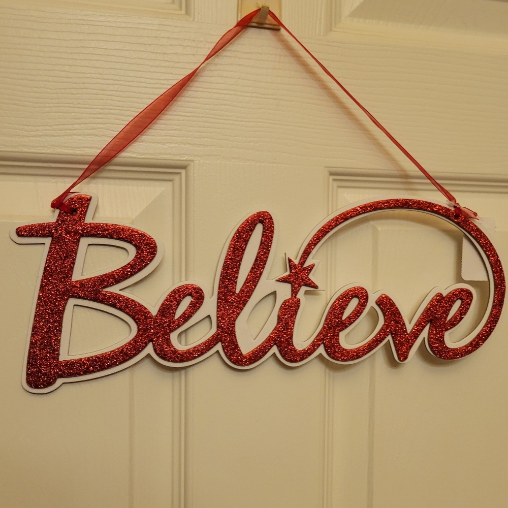 BELIEVE Layered Red Glitter on White Hanging Sign